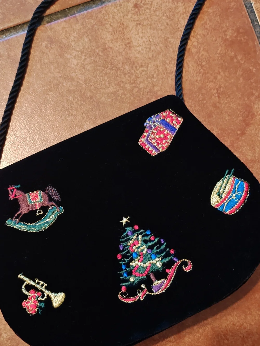 Karen Scott Black Velvet Crossbody Bag with Colorful Holiday Embroidery